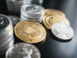 gold and silver coins on a table